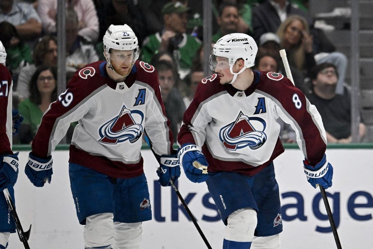 May 15, 2024; Dallas, Texas, USA; Colorado Avalanche center Nathan MacKinnon (29) and defenseman Cale Makar (8) skate off the ice after Makar scores a power play goal against the Dallas Stars during the second period in game five of the second round of the 2024 Stanley Cup Playoffs at American Airlines Center. Mandatory Credit: Jerome Miron-USA TODAY Sports