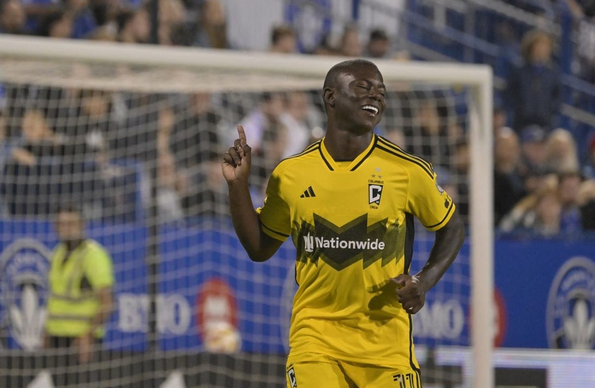 May 15, 2024; Montreal, Quebec, CAN; Columbus Crew forward Marino Hinestroza (11) celebrates after scoring during the second half against CF Montreal at Stade Saputo. Mandatory Credit: Eric Bolte-USA TODAY Sports