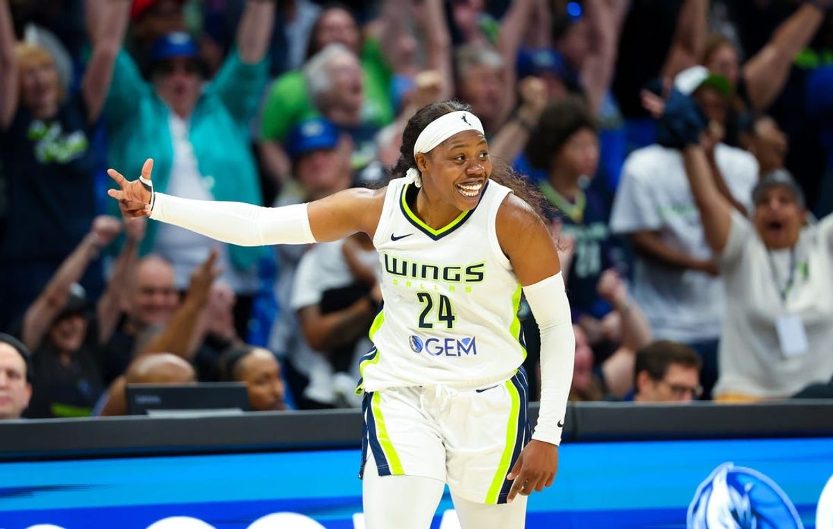 May 15, 2024; Arlington, Texas, USA;  Dallas Wings guard Arike Ogunbowale (24) reacts after scoring during the fourth quarter against the Chicago Sky at College Park Center. Mandatory Credit: Kevin Jairaj-USA TODAY Sports