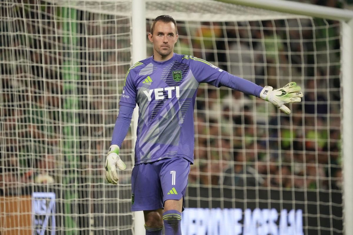 May 15, 2024; Austin, Texas, USA; Austin FC goalkeeper Brad Stuver (1) reacts in the second half against Houston Dynamo FC at Q2 Stadium. Mandatory Credit: Scott Wachter-USA TODAY Sports