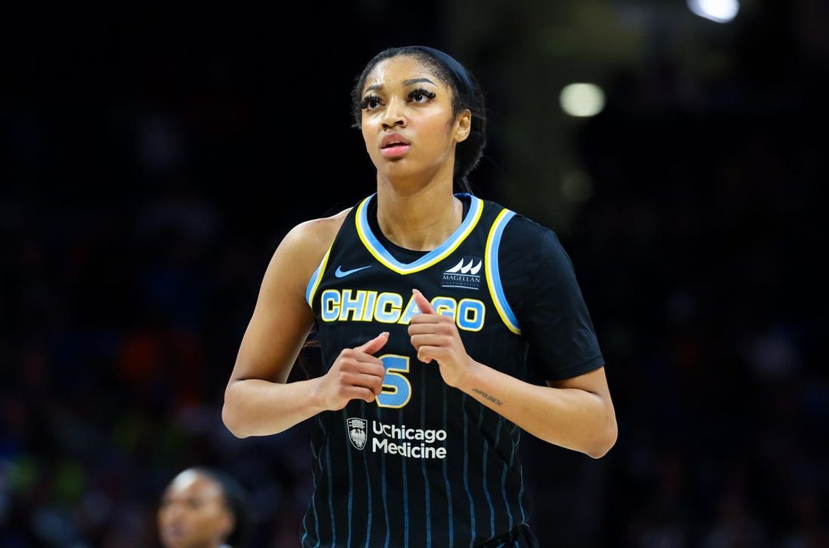 May 15, 2024; Arlington, Texas, USA;  Chicago Sky forward Angel Reese (5) reacts during the second half against the Dallas Wings at College Park Center. Mandatory Credit: Kevin Jairaj-USA TODAY Sports