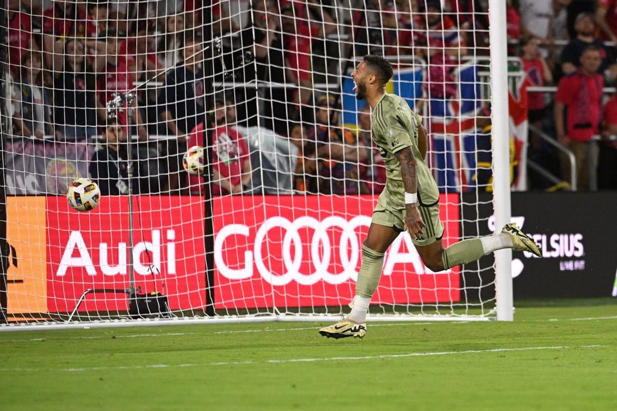 May 15, 2024; St. Louis, Missouri, USA; LAFC forward Denis Bouanga (99) celebrates after scoring against St. Louis CITY SC during the second half at CITYPARK. Mandatory Credit: Joe Puetz-USA TODAY Sports