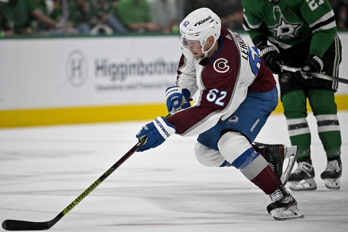 May 15, 2024; Dallas, Texas, USA; Colorado Avalanche left wing Artturi Lehkonen (62) skates against the Dallas Stars during the third period in game five of the second round of the 2024 Stanley Cup Playoffs at American Airlines Center. Mandatory Credit: Jerome Miron-Imagn Images