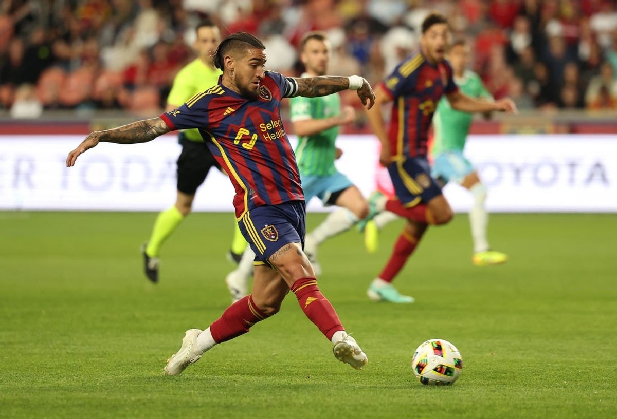 May 15, 2024; Sandy, Utah, USA; Real Salt Lake forward Cristian Arango (9) passes during the second half against the Seattle Sounders FC at America First Field. Mandatory Credit: Rob Gray-USA TODAY Sports