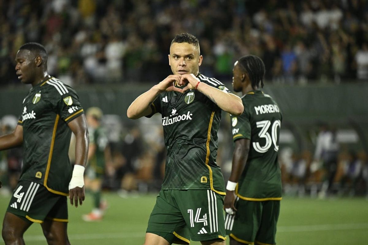 May 15, 2024; Portland, Oregon, USA; Portland Timbers forward Jonathan Rodríguez (14) celebrates a goal in the second half against the San Jose Earthquakes at Providence Park. Mandatory Credit: Troy Wayrynen-USA TODAY Sports