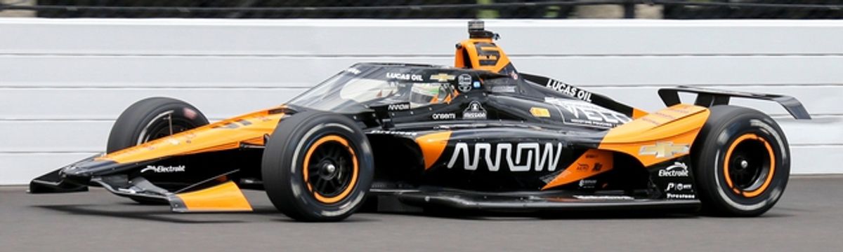 Arrow McLaren driver Pato O'Ward (5) Wednesday, May 15, 2024, during the second day of practice ahead of the 108th running of the Indianapolis 500 at Indianapolis Motor Speedway.