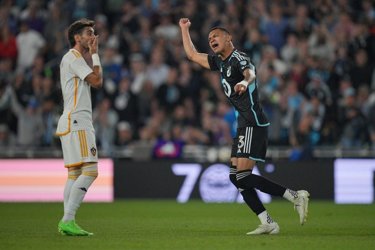 May 15, 2024; Saint Paul, Minnesota, USA; Minnesota United midfielder Kervin Arriaga (33) celebrates after scoring a goal against the LA Galaxy during the second half at Allianz Field. Mandatory Credit: Brad Rempel-USA TODAY Sports