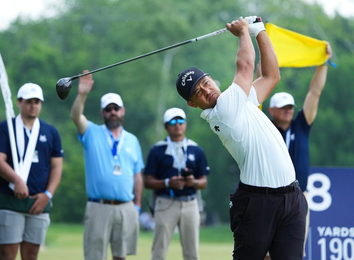 Xander Schauffele tees off on the 5th hole during the first day of play in the PGA Championship at the Valhalla Golf Course in Louisville, Ky. on May. 16, 2024. He is currently in first place at 9 under.