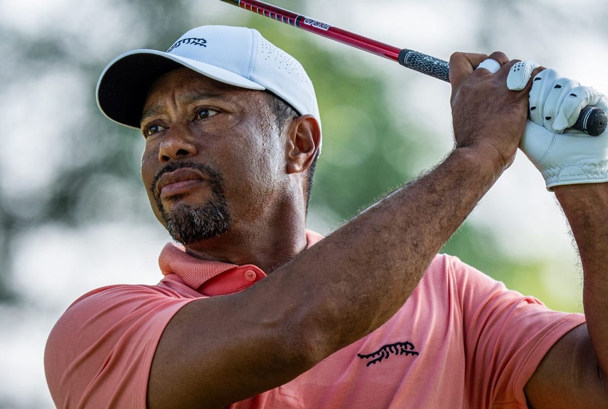 May 16, 2024; Louisville, Kentucky, USA; Tiger Woods hits his tee shot off the 11th hole during the first round of the PGA Championship golf tournament at Valhalla Golf Club. Mandatory Credit: Jeff Faughender-USA TODAY Sports