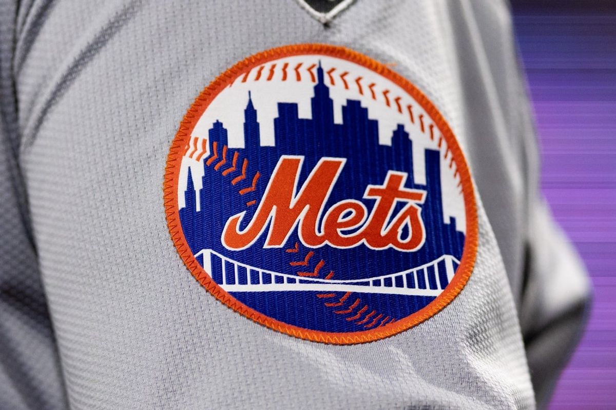 May 15, 2024; Philadelphia, Pennsylvania, USA; New York Mets logo on the sleeve of J.D. Martinez during a game against the Philadelphia Phillies at Citizens Bank Park. Mandatory Credit: Bill Streicher-Imagn Images