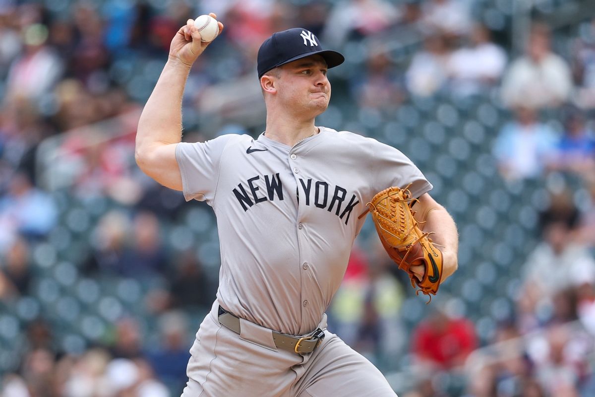 May 16, 2024; Minneapolis, Minnesota, USA; New York Yankees starting pitcher Clarke Schmidt (36) delivers a pitch against the Minnesota Twins during the first inning at Target Field. Mandatory Credit: Matt Krohn-Imagn Images