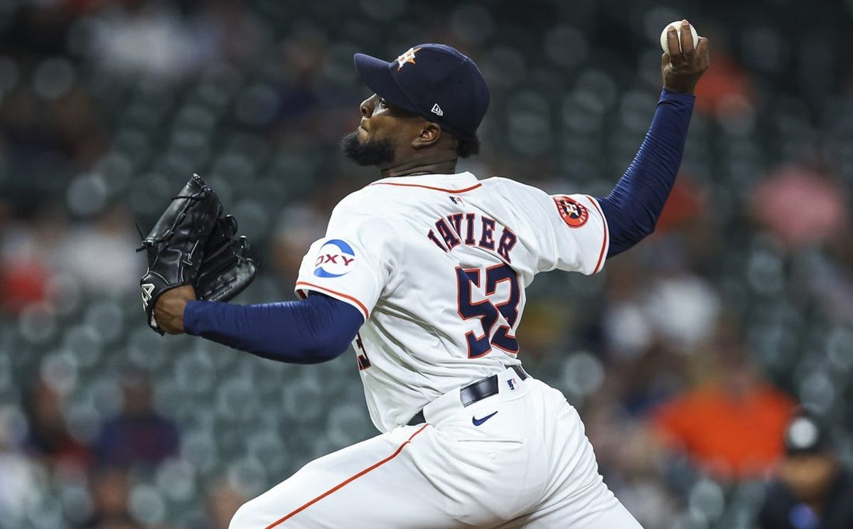 May 16, 2024; Houston, Texas, USA; Houston Astros starting pitcher Cristian Javier (53) delivers a pitch during the first inning against the Oakland Athletics at Minute Maid Park. Mandatory Credit: Troy Taormina-USA TODAY Sports
