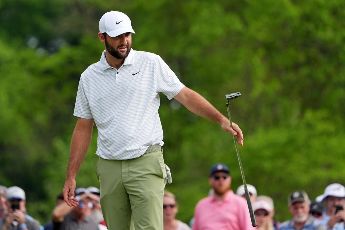 May 16, 2024; Louisville, Kentucky, USA; Scottie Scheffler reacts after a putt on the 12th green during the first round of the PGA Championship golf tournament at Valhalla Golf Club. Mandatory Credit: Jon Durr-USA TODAY Sports