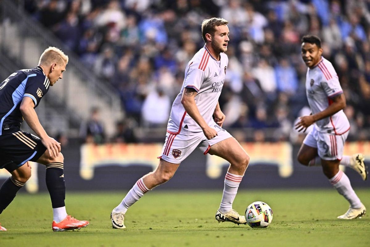 May 11, 2024; Philadelphia, Pennsylvania, USA; Orlando City forward Duncan McGuire (13) controls the ball against the Philadelphia Union in the first half at Subaru Park. Mandatory Credit: Kyle Ross-USA TODAY Sports