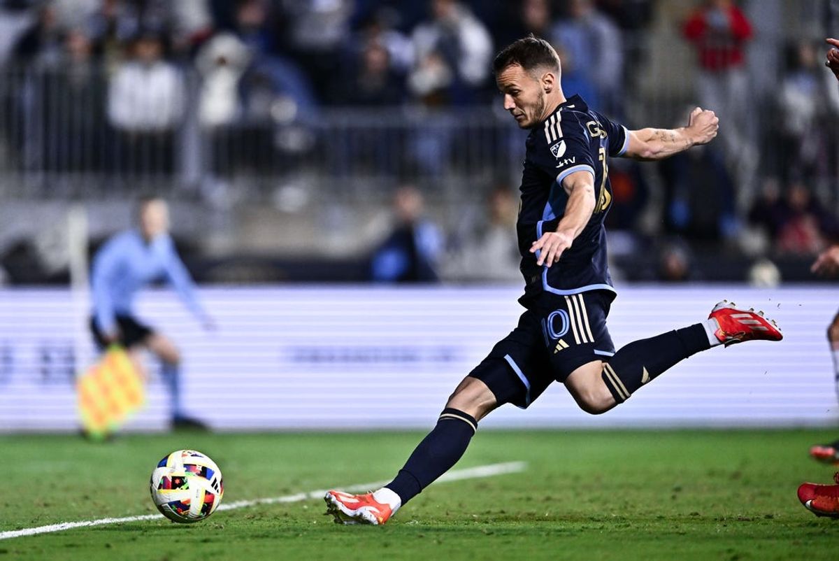 May 11, 2024; Philadelphia, Pennsylvania, USA; Philadelphia Union midfielder Daniel Gazdag (10) attempts a shot after missing a penalty kick attempt against Orlando City in the second half at Subaru Park. Mandatory Credit: Kyle Ross-USA TODAY Sports