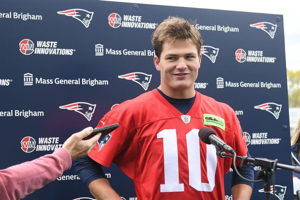 May 11, 2024; Foxborough, MA, USA; New England Patriots quarterback Drake Maye (10) speaks to the media after practice at the New England Patriots rookie camp at Gillette Stadium.  Mandatory Credit: Eric Canha-USA TODAY Sports