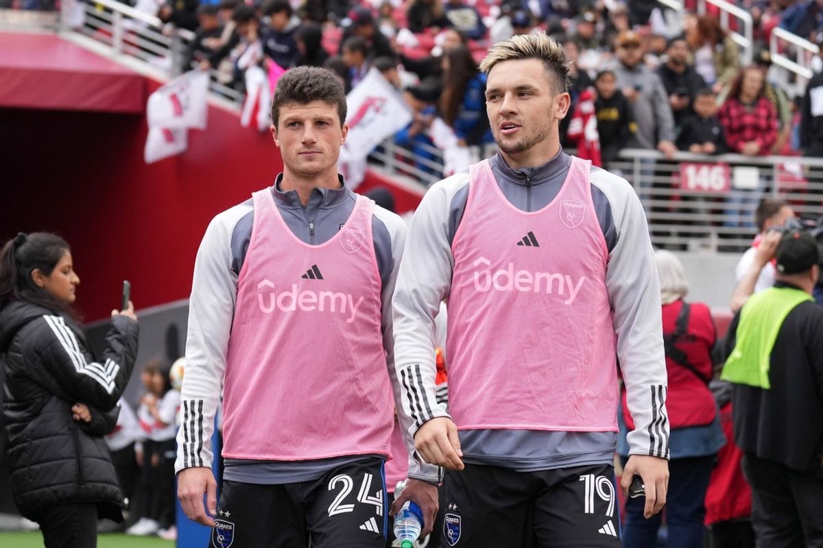 May 4, 2024; Santa Clara, California, USA; San Jose Earthquakes defender Daniel Munie (24) and forward Preston Judd (19) before the game against LAFC at Levi's Stadium. Mandatory Credit: Darren Yamashita-Imagn Images