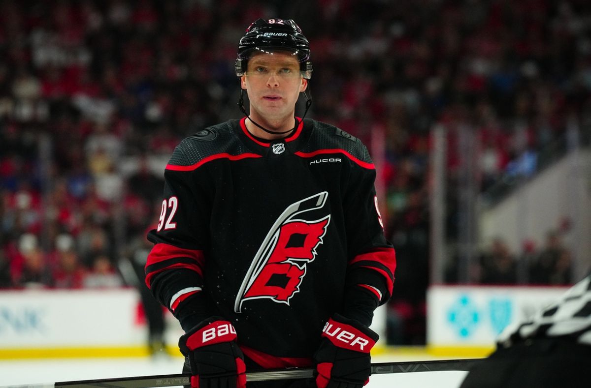 May 16, 2024; Raleigh, North Carolina, USA; Carolina Hurricanes center Evgeny Kuznetsov (92) looks on against the New York Rangers during the first period in game six of the second round of the 2024 Stanley Cup Playoffs at PNC Arena. Mandatory Credit: James Guillory-USA TODAY Sports