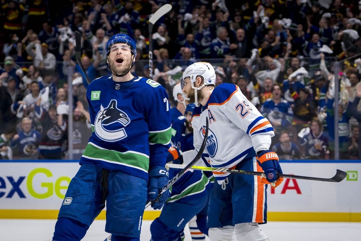 May 16, 2024; Vancouver, British Columbia, CAN;  Vancouver Canucks defenseman Carson Soucy (7) celebrates his goal during the first period in game five of the second round of the 2024 Stanley Cup Playoffs at Rogers Arena. Mandatory Credit: Bob Frid-USA TODAY Sports