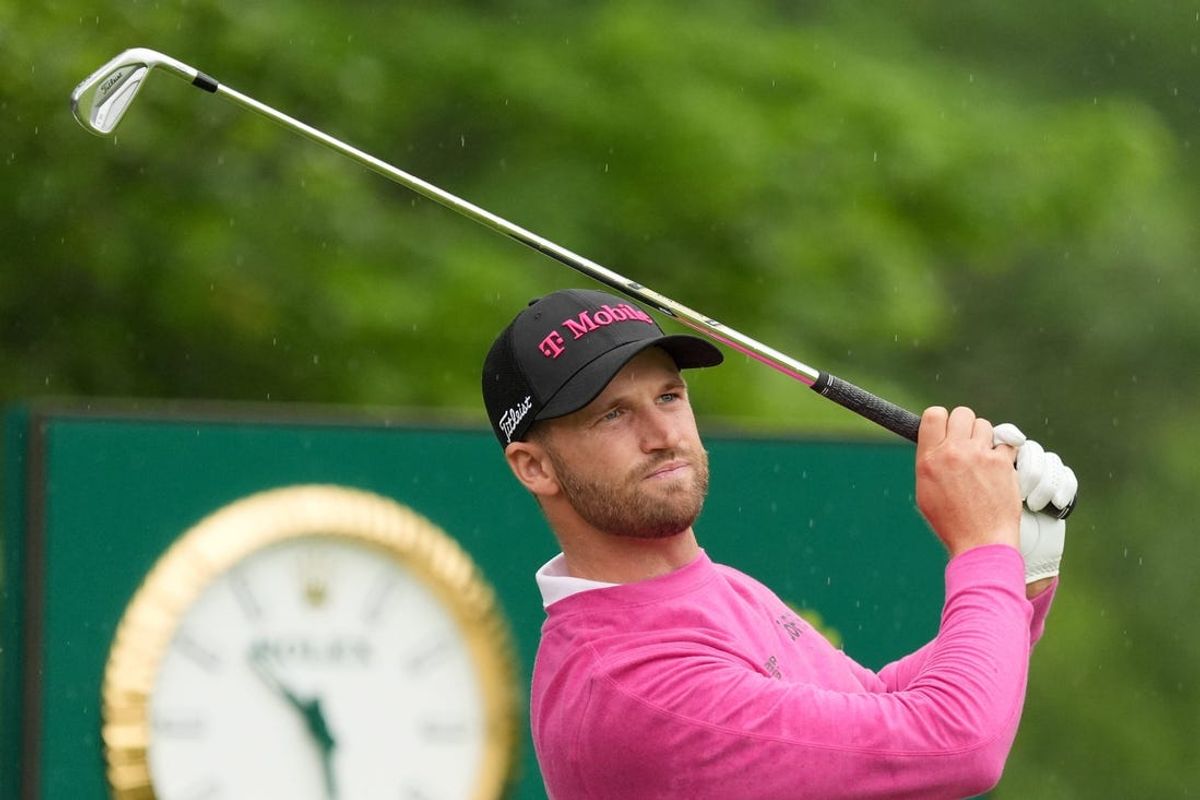 Wyndham Clark tees off on the 11th hole during the second day of the PGA Championship at Valhalla Golf Club on Friday, May 17, 2024.