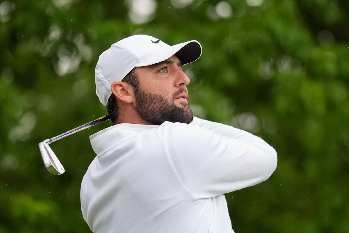 Scottie Scheffler tees off on the 11th hole during the second day of the PGA Championship at Valhalla Golf Club on Friday, May 17, 2024.