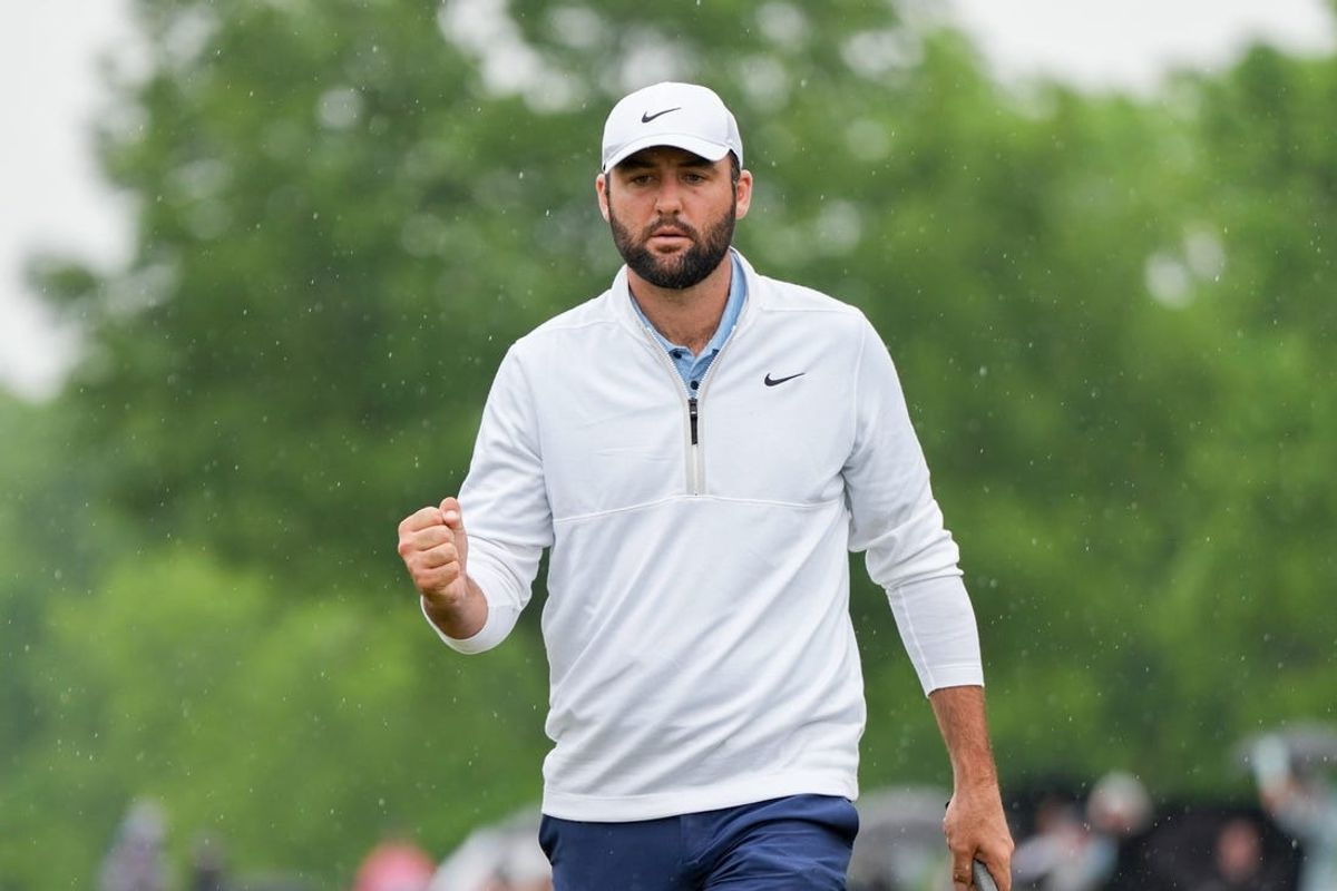 May 17, 2024; Louisville, Kentucky, USA; Scottie Scheffler reacts after putting for a birdie on the 12th hole during the second round of the PGA Championship golf tournament at Valhalla Golf Club. Mandatory Credit: Clare Grant-USA TODAY Sports