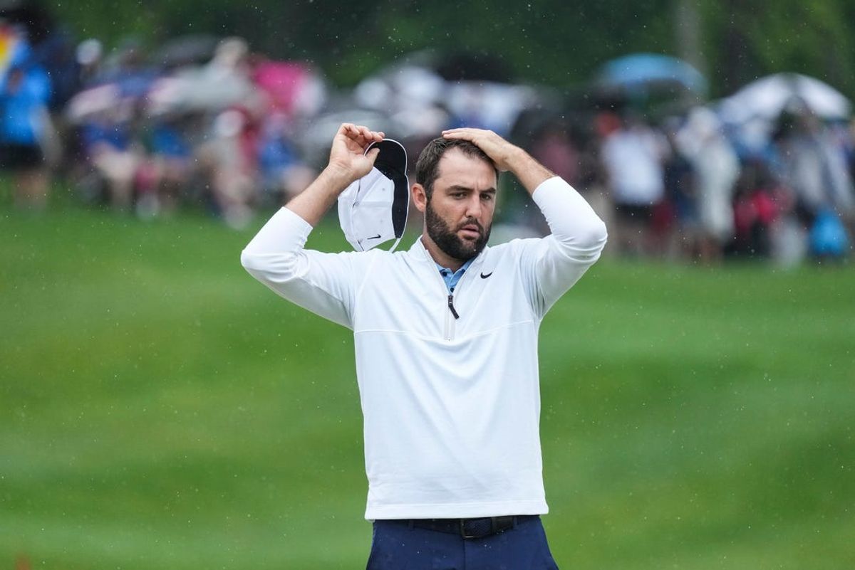 Golfer Scottie Scheffler on the 18th green at the 2024 PGA Championship second round Friday at Valhalla Golf Course in Louisville, Kentucky. May 17, 2024.