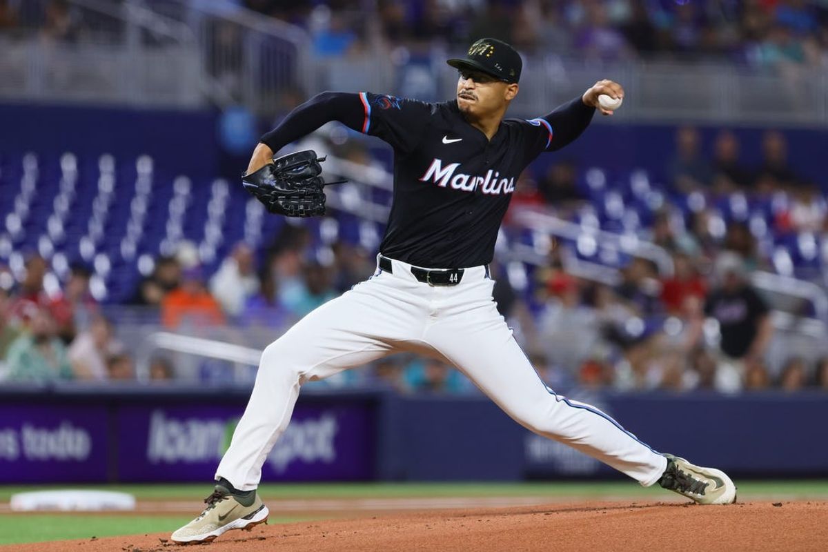 May 17, 2024; Miami, Florida, USA; Miami Marlins starting pitcher Jesus Luzardo (44) delivers a pitch against the New York Mets during the first inning at loanDepot Park. Mandatory Credit: Sam Navarro-USA TODAY Sports