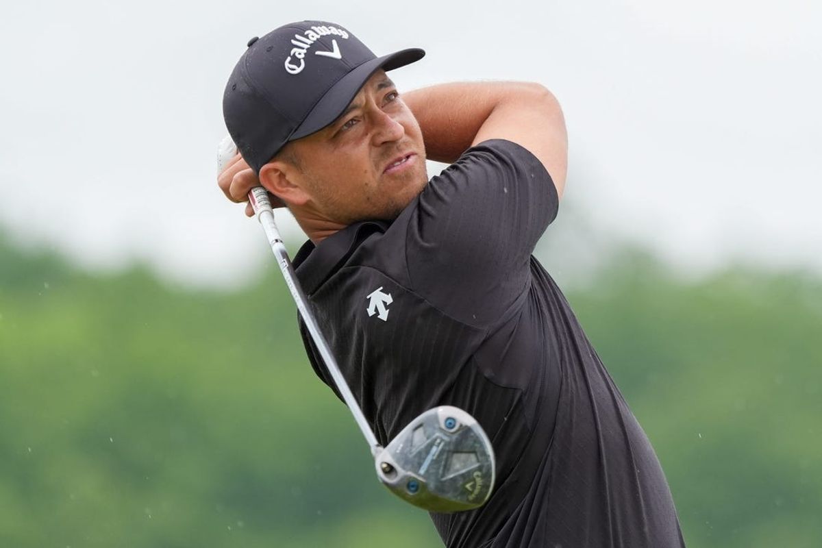 Xander Schauffele tees off on the first hole during the second day of the PGA Championship at Valhalla Golf Club on Friday, May 17, 2024.