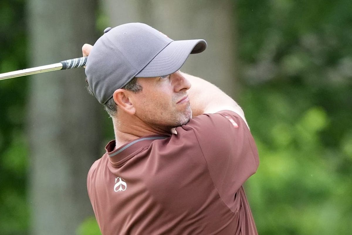 Adam Scott tees off on the eighth hole during the second day of the PGA Championship at Valhalla Golf Club on Friday, May 17, 2024.