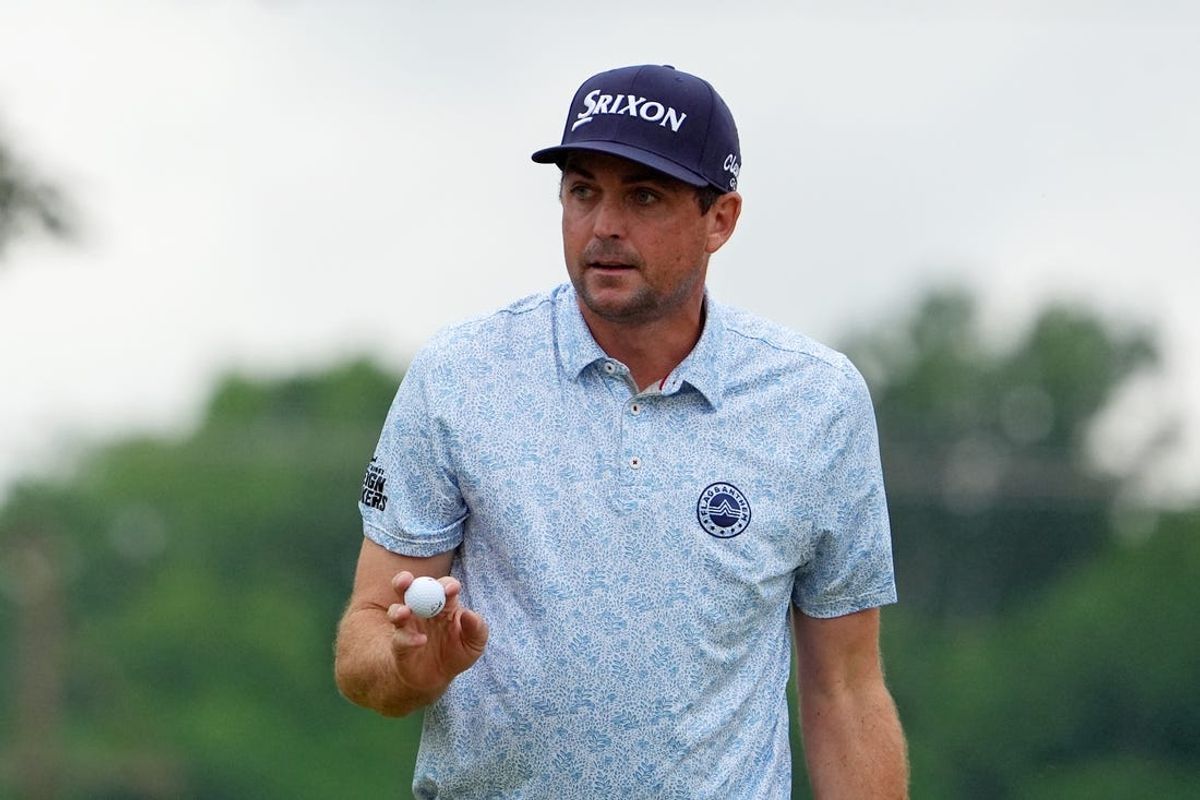 May 17, 2024; Louisville, Kentucky, USA; Keegan Bradley reacts after a putt on the ninth green during the second round of the PGA Championship golf tournament at Valhalla Golf Club. Mandatory Credit: Jon Durr-USA TODAY Sports