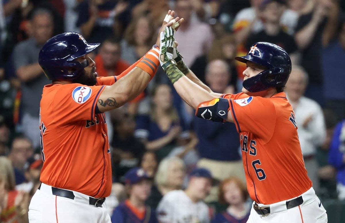 May 17, 2024; Houston, Texas, USA; Houston Astros center fielder Jake Meyers (6) celebrates with first baseman Jon Singleton (28) after hitting a two-run home run against the Milwaukee Brewers in the second inning at Minute Maid Park. Mandatory Credit: Thomas Shea-USA TODAY Sports