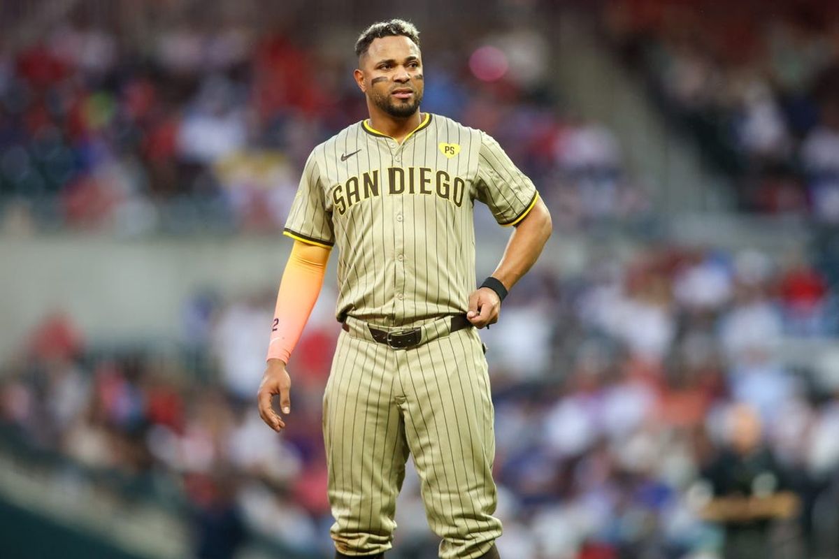 May 17, 2024; Atlanta, Georgia, USA; San Diego Padres second baseman Xander Bogaerts (2) between innings against the Atlanta Braves in the third inning at Truist Park. Mandatory Credit: Brett Davis-USA TODAY Sports