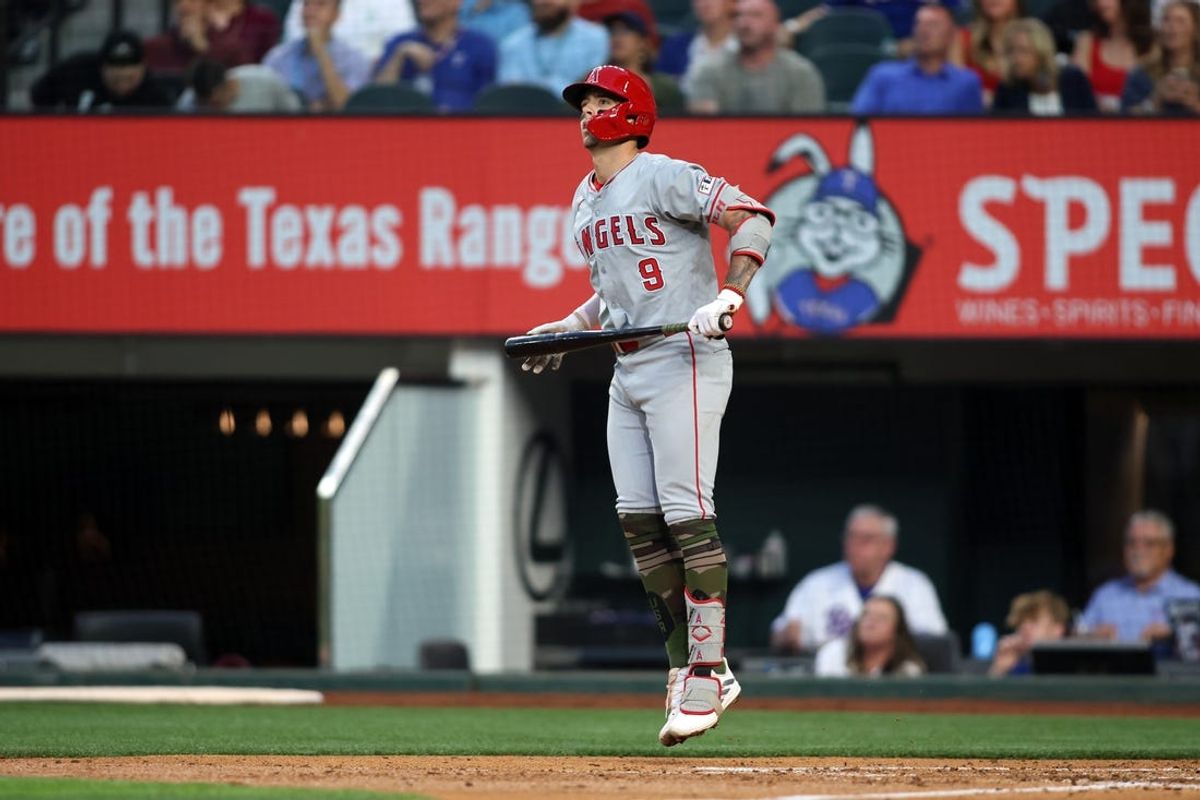 May 17, 2024; Arlington, Texas, USA; Los Angeles Angels shortstop Zach Neto (9) watches his two-run home run in the fourth inning against the Texas Rangers at Globe Life Field. Mandatory Credit: Tim Heitman-USA TODAY Sports