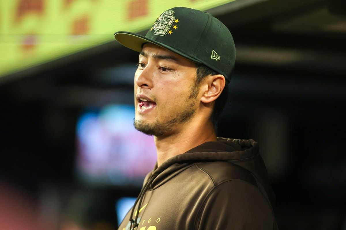 May 17, 2024; Atlanta, Georgia, USA; San Diego Padres starting pitcher Yu Darvish (11) in the dugout against the Atlanta Braves in the ninth inning at Truist Park. Mandatory Credit: Brett Davis-USA TODAY Sports