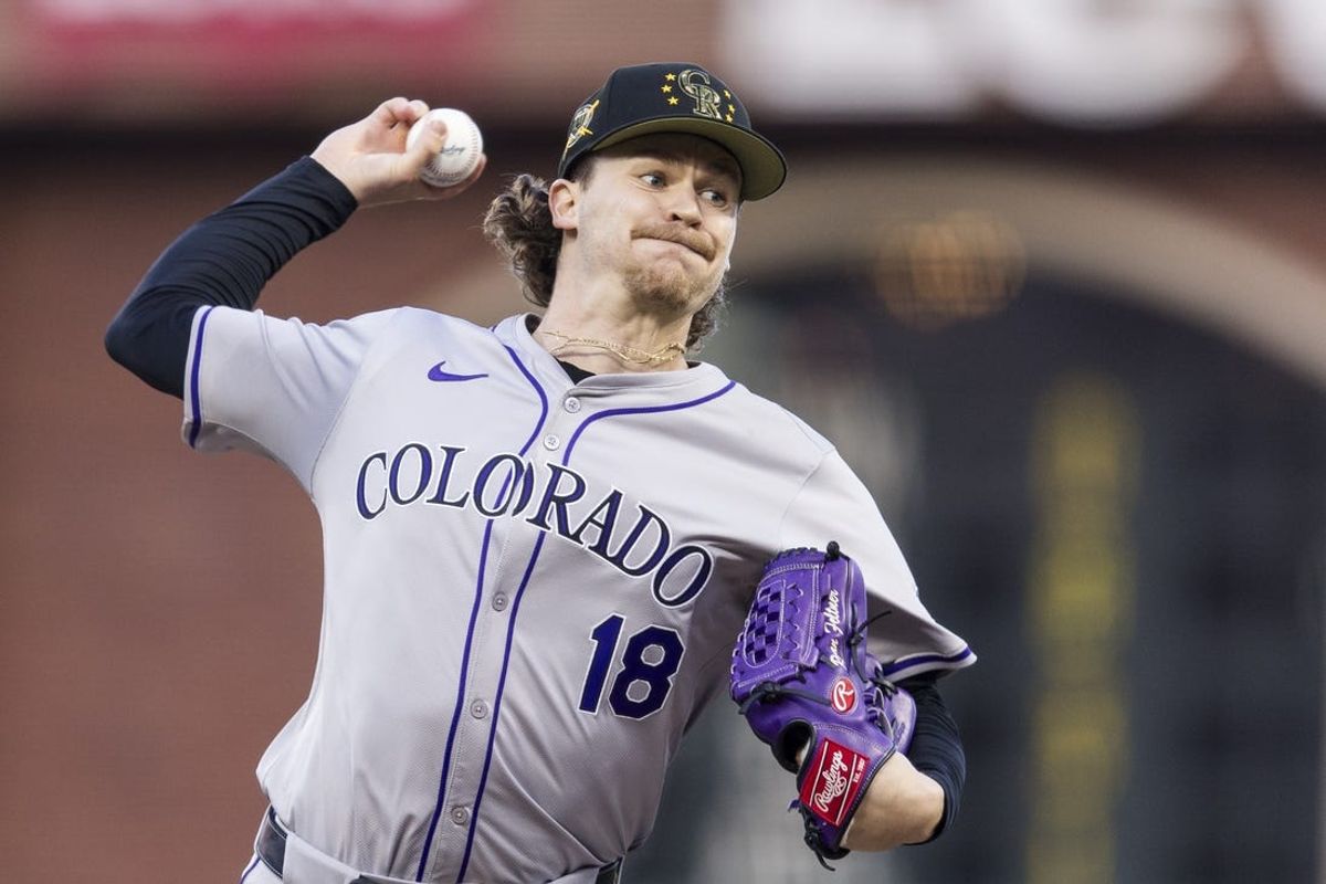 May 17, 2024; San Francisco, California, USA; Colorado Rockies starting pitcher Ryan Feltner (18) throws against the San Francisco Giants during the first inning at Oracle Park. Mandatory Credit: John Hefti-USA TODAY Sports