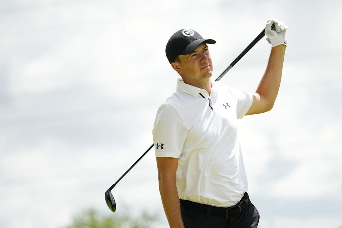 May 18, 2024; Louisville, Kentucky, USA; Jordan Spieth tees off on the fifth hole during the third round of the PGA Championship golf tournament at Valhalla Golf Club. Mandatory Credit: Adam Cairns-USA TODAY Sports