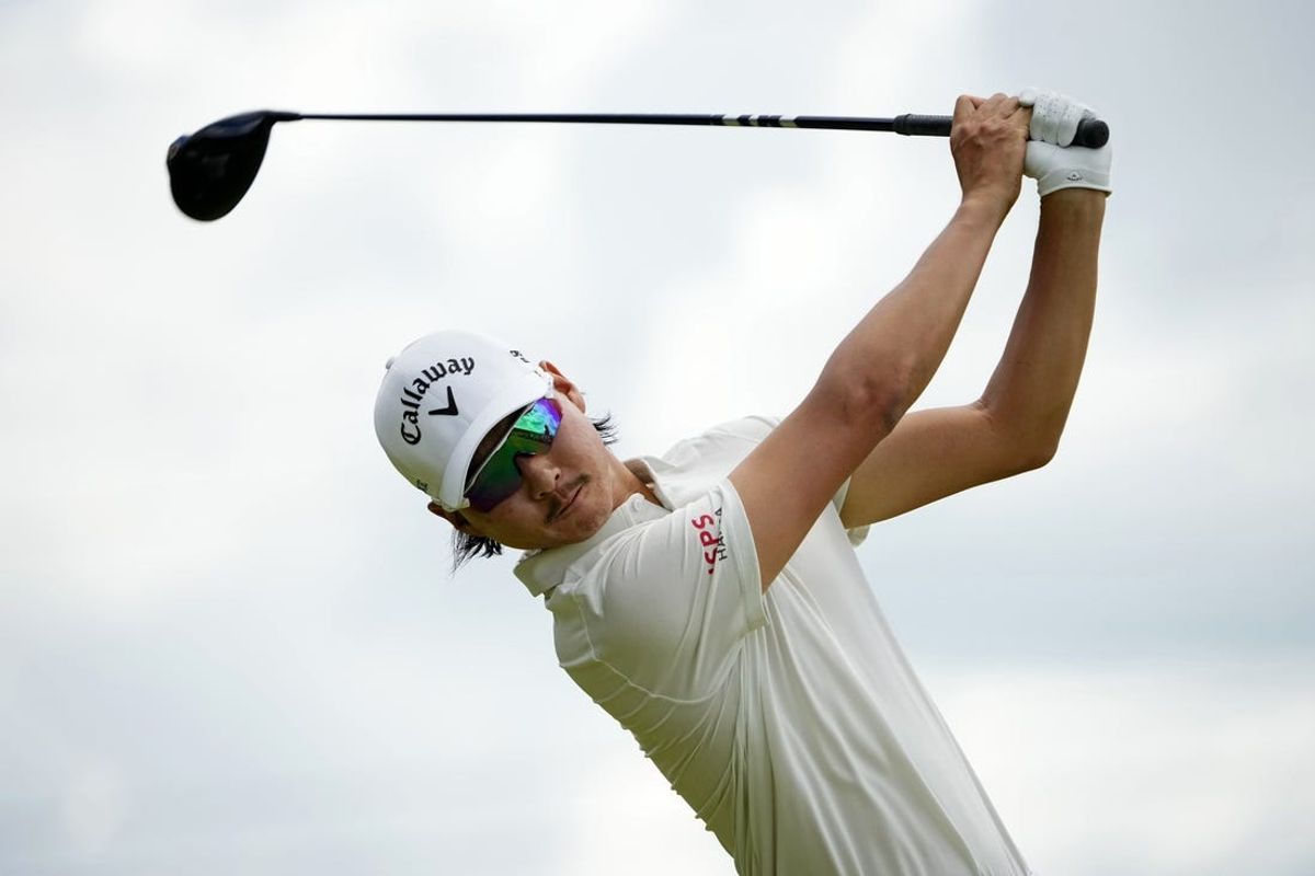 May 18, 2024; Louisville, Kentucky, USA; Min Woo Lee tees off on the fifth hole during the third round of the PGA Championship golf tournament at Valhalla Golf Club. Mandatory Credit: Adam Cairns-USA TODAY Sports