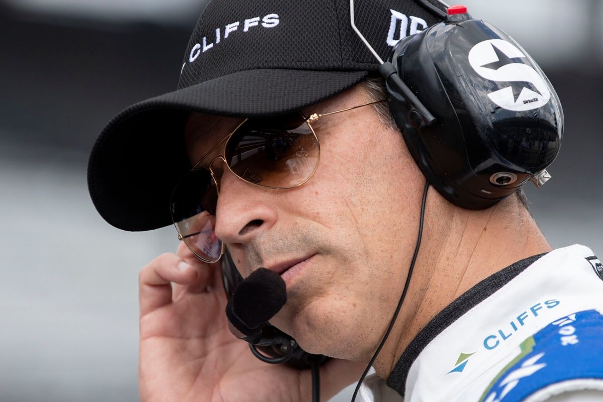 Meyer Shank Racing with Curb-Agajanian driver Helio Castroneves (06) stands in his pit box Saturday, May 18, 2024, during qualifying for the 108th running of the Indianapolis 500 at Indianapolis Motor Speedway.