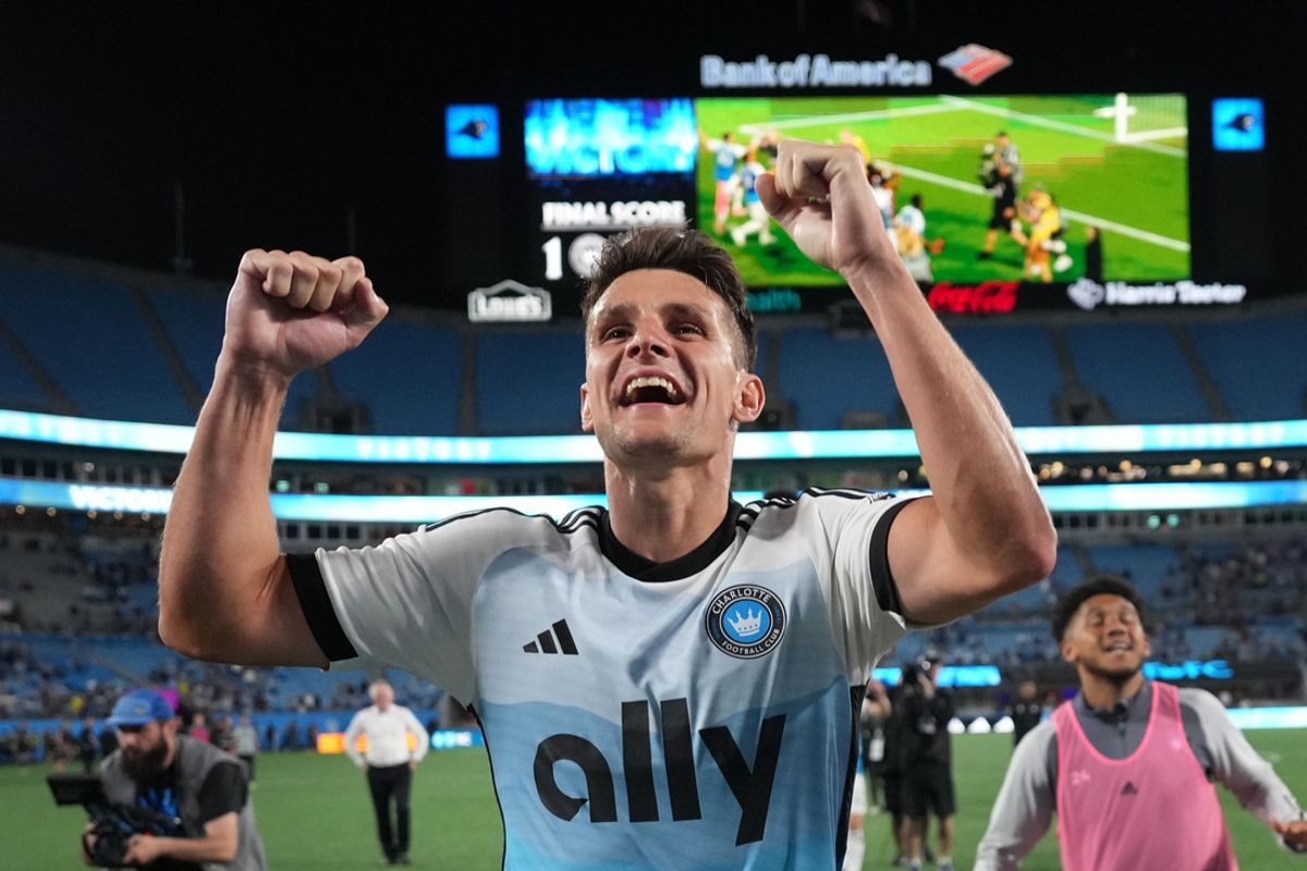 May 11, 2024; Charlotte, North Carolina, USA; Charlotte FC midfielder Ashley Westwood (8) celebrates after the game at Bank of America Stadium. Mandatory Credit: Bob Donnan-Imagn Images