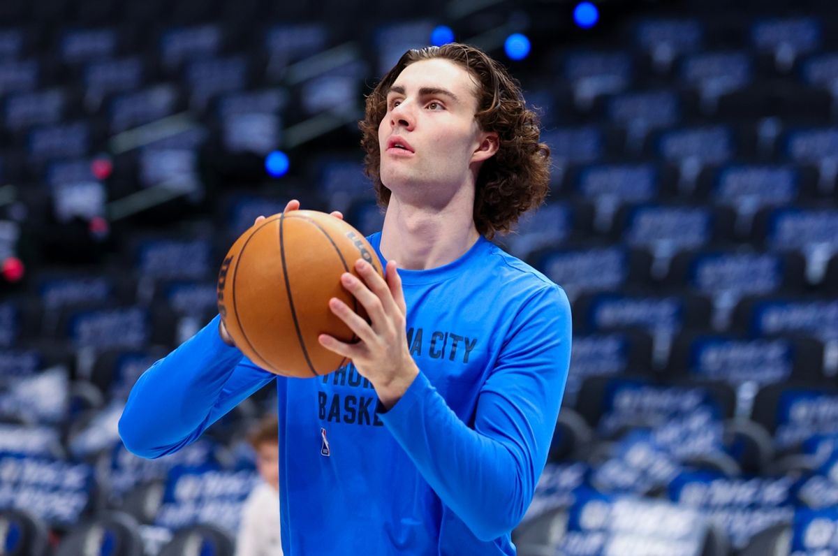 May 18, 2024; Dallas, Texas, USA; Oklahoma City Thunder guard Josh Giddey (3) warms up before game six against the Dallas Mavericks in the second round of the 2024 NBA playoffs at American Airlines Center. Mandatory Credit: Kevin Jairaj-USA TODAY Sports