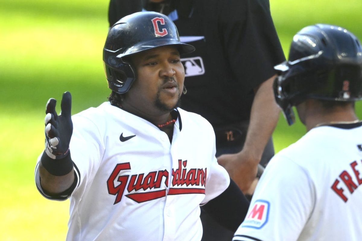 May 18, 2024; Cleveland, Ohio, USA; Cleveland Guardians third baseman Jose Ramirez (11) celebrates his two-run home run with center fielder Tyler Freeman (2) in the first inning against the Minnesota Twins at Progressive Field. Mandatory Credit: David Richard-USA TODAY Sports