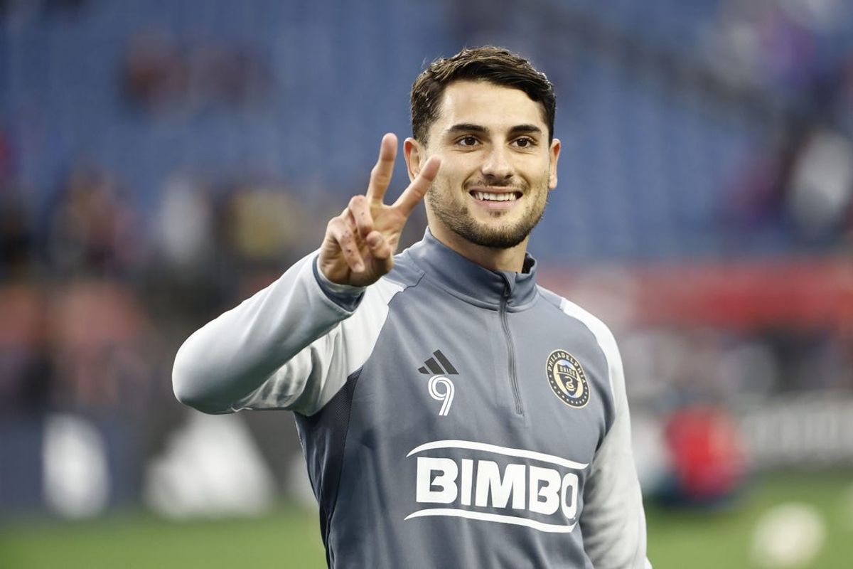 May 18, 2024; Foxborough, Massachusetts, USA; Philadelphia Union forward Julian Carranza (9) warms up before the match against the New England Revolution at Gillette Stadium. Mandatory Credit: Winslow Townson-USA TODAY Sports