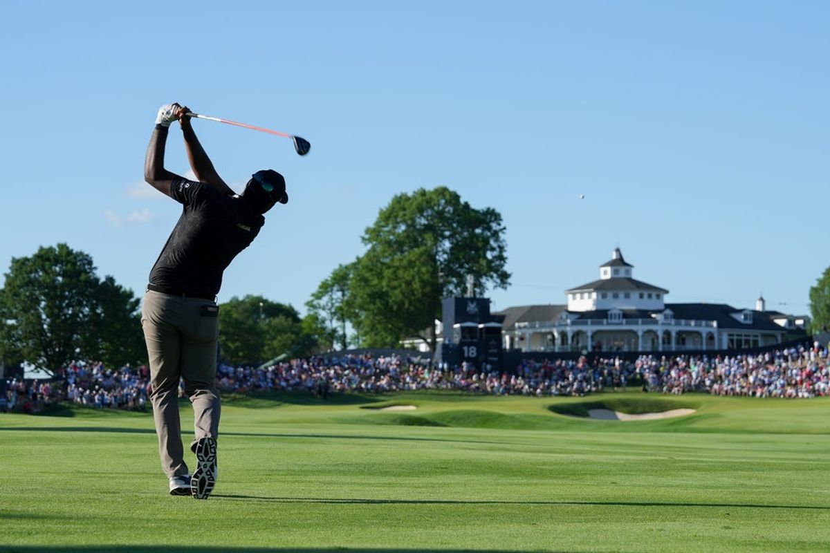 Sahith Theegala hits his ball from the 18th fairway during the third round of the PGA Championship at Valhalla Golf Club on Saturday, May 18, 2024.