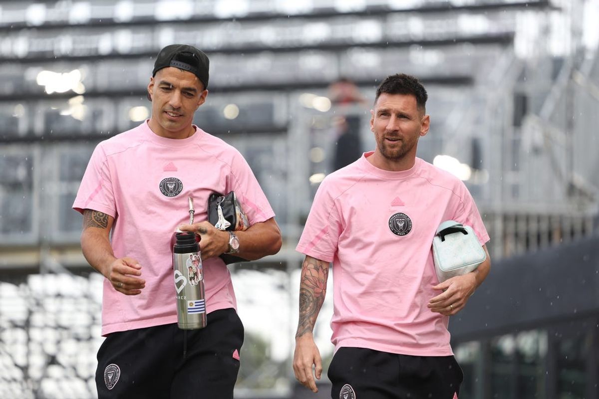 May 18, 2024; Fort Lauderdale, Florida, USA; Inter Miami CF forward Luis Suarez (9) and forward Lionel Messi (10) arrive before the game against D.C. United at Chase Stadium. Mandatory Credit: Nathan Ray Seebeck-USA TODAY Sports