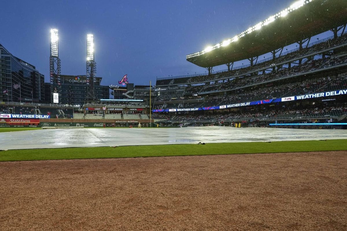 May 18, 2024; Cumberland, Georgia, USA; A general view of the field during a rain delay prior to the start of the game between the San Diego Padres and the Atlanta Braves at Truist Park. Mandatory Credit: Dale Zanine-USA TODAY Sports