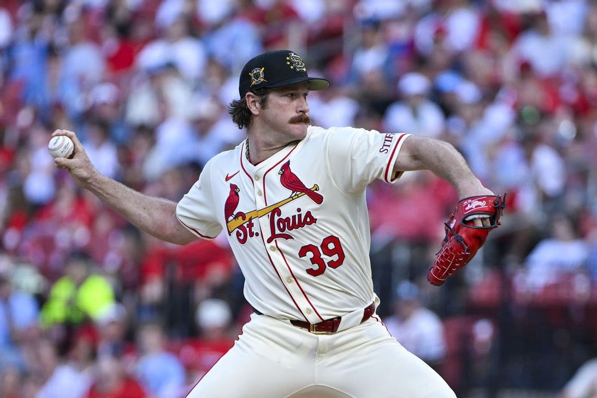 May 18, 2024; St. Louis, Missouri, USA;  St. Louis Cardinals starting pitcher Miles Mikolas (39) pitches against the Boston Red Sox during the first inning at Busch Stadium. Mandatory Credit: Jeff Curry-USA TODAY Sports