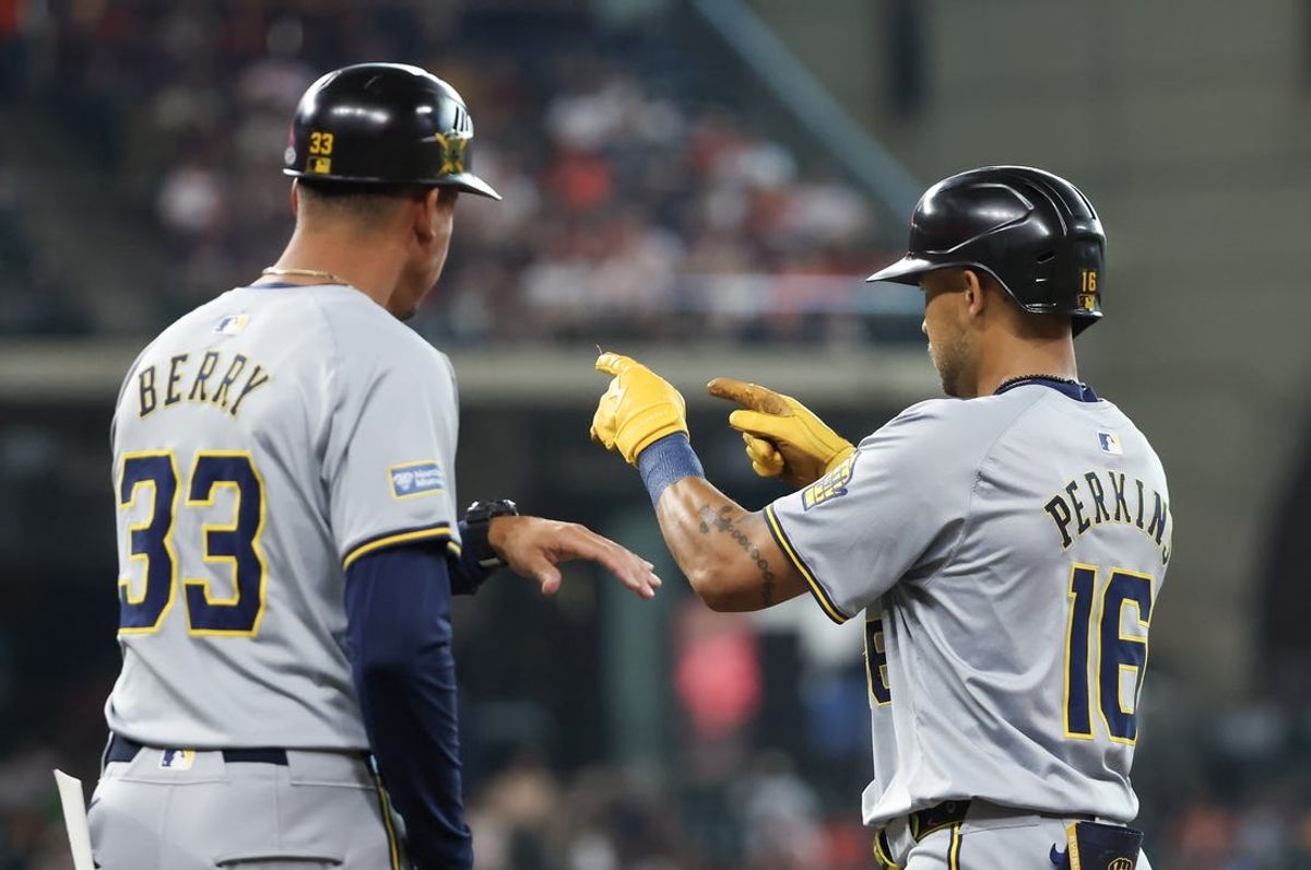 May 18, 2024; Houston, Texas, USA; Milwaukee Brewers center fielder Blake Perkins (16) reacts to his single against the Houston Astros in the third inning at Minute Maid Park. Mandatory Credit: Thomas Shea-USA TODAY Sports