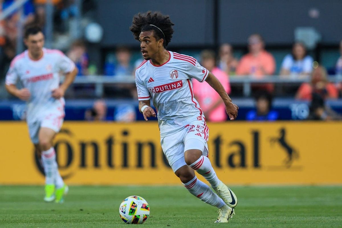 May 18, 2024; Cincinnati, Ohio, USA; St. Louis CITY SC midfielder Aziel Jackson (25) dribbles the ball during the first half against FC Cincinnati at TQL Stadium. Mandatory Credit: Katie Stratman-USA TODAY Sports