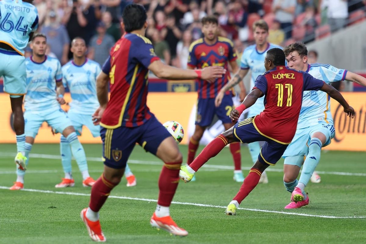 May 18, 2024; Sandy, Utah, USA; Real Salt Lake midfielder Andres Gomez (11) scores a goal during the first half against the Colorado Rapids at America First Field. Mandatory Credit: Rob Gray-USA TODAY Sports